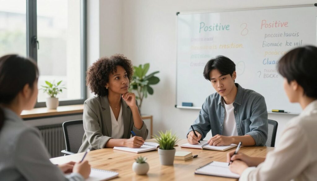 A serene office environment showcasing a diverse group of professionals engaged in a deep discussion about positive affirmations. In the foreground, a middle-aged Black woman in business attire is attentively listening, her expression showing curiosity and determination. Beside her, a young Asian man in smart casual wear is taking notes, his gaze focused on a whiteboard filled with motivational phrases in soft pastel colors. The middle ground features a well-lit conference table adorned with plants and notebooks, creating a nurturing atmosphere. In the background, large windows let in natural light, casting soft shadows that enhance the calm and introspective mood. The overall vibe is one of collaboration and self-improvement, with a touch of optimism in the air, reflecting the essence of overcoming obstacles in personal development.