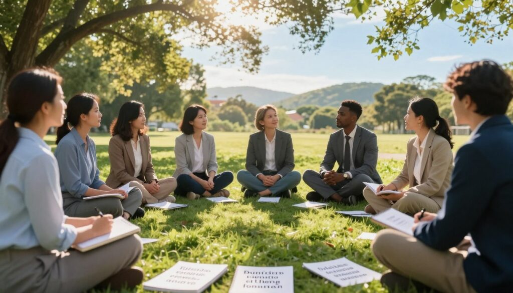 A serene outdoor scene depicting a diverse group of individuals, including both men and women, casually seated in a circle on a lush green lawn, engaging in deep, thoughtful discussion. Each person is dressed in professional business attire, symbolizing focus and motivation. In the foreground, a table is adorned with notebooks, pens, and inspirational quotes written on paper, emphasizing the theme of affirmation. The middle ground features soft sunlight filtering through a canopy of trees, creating a warm and calming atmosphere. In the background, gentle hills and a clear blue sky enhance the uplifting mood, inviting a sense of peace and gratitude. The overall lighting is warm and inviting, capturing the essence of inspiration and personal growth through affirmation practices.