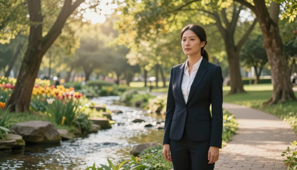 A serene scene depicting a person standing confidently in a peaceful park. The foreground features a woman in professional business attire, with a calm expression, symbolizing self-affirmation and the importance of setting healthy boundaries. In the middle, a soft light filters through the trees, highlighting the gentle flow of a nearby stream, embodying tranquility and balance. The background includes lush greenery and vibrant flowers to signify growth and positivity. The overall atmosphere conveys a sense of empowerment and self-protection, with warm, natural lighting casting a golden hue over the scene. The image is captured from a slightly angled perspective, adding depth and inviting the viewer into this moment of self-reflection and clarity.
