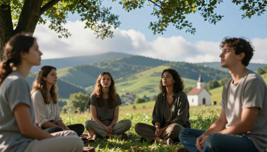 A serene scene depicting several diverse visionaries in a spiritual gathering, set in the lush hills of Medjugorie. In the foreground, a group of four individuals, dressed in modest casual clothing, engage in deep contemplation, their expressions reflecting a mix of serenity and wonder. In the middle ground, gentle light filters through the trees, illuminating their faces and casting soft shadows. Behind them, rolling hills and a clear blue sky create a tranquil atmosphere, with a hint of a small chapel in the distance, symbolizing hope. The scene captures the sacred rhythm of their experiences, with ethereal clouds hovering above, suggesting a divine presence. The overall mood is peaceful, reflective, and inspiring, evoking a sense of connection to the spiritual. A serene scene depicting several diverse visionaries in a spiritual gathering, set in the lush hills of Medjugorie. In the foreground, a group of four individuals, dressed in modest casual clothing, engage in deep contemplation, their expressions reflecting a mix of serenity and wonder. In the middle ground, gentle light filters through the trees, illuminating their faces and casting soft shadows. Behind them, rolling hills and a clear blue sky create a tranquil atmosphere, with a hint of a small chapel in the distance, symbolizing hope. The scene captures the sacred rhythm of their experiences, with ethereal clouds hovering above, suggesting a divine presence. The overall mood is peaceful, reflective, and inspiring, evoking a sense of connection to the spiritual.