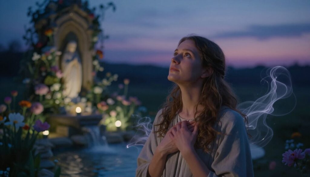 A serene scene depicting the mystical visions of Teresa Neumann, portrayed in the foreground as a thoughtful woman in modest attire, gazing upward with an expression of deep contemplation and serenity. Surround her with ethereal wisps of light, symbolizing her prophetic insights. In the middle ground, a softly illuminated, sacred environment features natural elements like flowing water and blooming flowers, creating a tranquil essence. The background showcases a calm twilight sky, blended with shades of deep blues and purples, enhancing the mystical atmosphere. The lighting is gentle and ethereal, casting a soft glow around the subject, evoking a sense of reverence and peace. The composition should be balanced, inviting viewers into a world of spiritual reflection and profound vision.