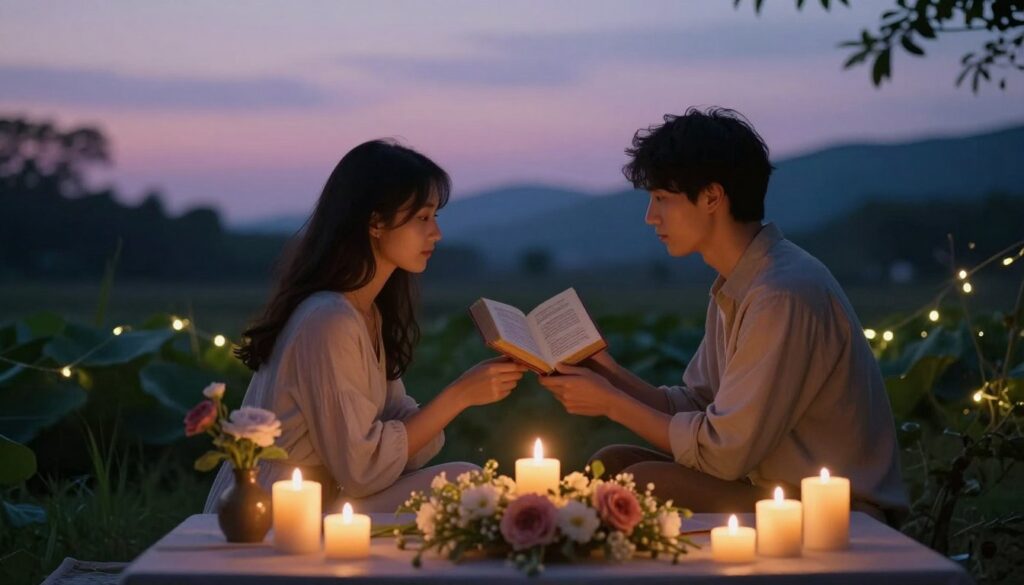 A serene setting depicting a love ritual, featuring a table adorned with candles and flowers in the foreground, casting a warm glow. Just behind, two individuals, dressed in modest yet elegant clothing, engage in a symbolic act, such as exchanging a heartfelt token or reading from a beautifully illustrated book of love spells. The middle ground is filled with lush greenery and soft, twinkling lights, enhancing the magical atmosphere. In the background, a twilight sky gradually transitions from soft lavender to deep indigo, hinting at the mysteries of love and connection. The lighting is soft and ethereal, captured with a shallow depth of field to emphasize the intimacy of the moment. The overall mood is tranquil, inviting contemplation on the power of rituals in relationships.