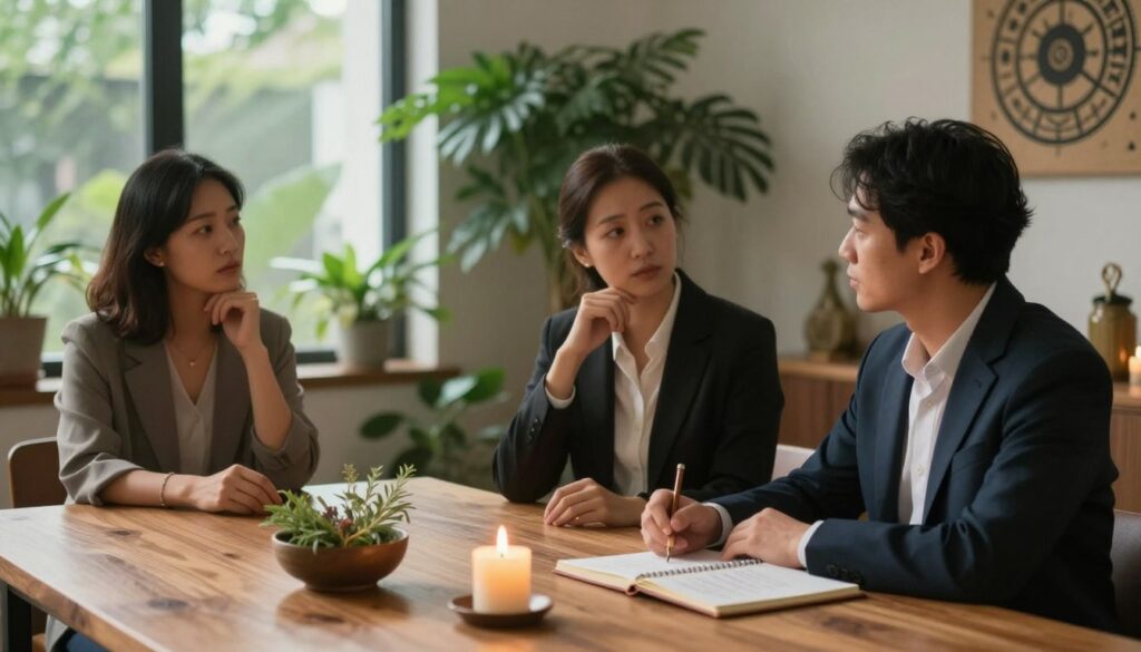 A serene setting depicting a ritual protocol follow-up. In the foreground, a well-organized wooden table holds ritual items: a small bowl of herbs, a lit candle, and a journal with handwritten notes. In the middle ground, a diverse group of three individuals in professional business attire—two women and one man—are engaged in a discussion, their expressions thoughtful and focused. Soft, ambient light filters through a nearby window, casting gentle shadows that enhance the calm atmosphere. The background features lush greenery, suggesting a connection to nature, and a wall adorned with symbolic artwork related to the ritual. The overall mood is one of contemplation and intention, capturing the essence of post-ritual reflection.