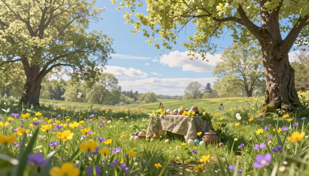 A serene spring equinox scene, illustrating the themes of renewal and light. In the foreground, a vibrant meadow filled with blooming wildflowers in shades of yellow and purple, with a few delicate butterflies fluttering about. In the middle ground, a picturesque altar made of natural materials, adorned with eggs and spring greenery, symbolizing Ostara rituals. Soft, diffused sunlight filters through a canopy of budding trees, creating gentle dappled shadows on the ground. In the background, a clear blue sky with wispy clouds, hinting at the lengthening days. The atmosphere is tranquil and uplifting, evoking a sense of hope and new beginnings, reminiscent of ancient spring celebrations. Capture the scene from a slightly elevated angle to encompass the lush landscape and the altar’s significance.