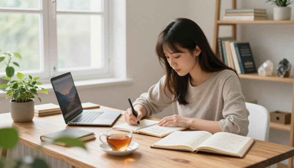 A serene workspace featuring a young woman seated at a stylish wooden desk, engaged in writing affirmations. She appears focused and calm, surrounded by soft, natural light filtering through a large window. In the foreground, vibrant plants and a cup of tea add warmth to the scene. In the middle ground, open notebooks filled with handwritten affirmations are scattered around, alongside a laptop displaying a peaceful desktop background. In the background, a minimalist bookshelf holds self-help books and crystals, promoting mindfulness. The atmosphere is tranquil and inspiring, capturing the essence of personal growth and positive affirmations. Use a soft-focus lens effect for a dreamy feel, with a slight vignette to draw attention to the subject.