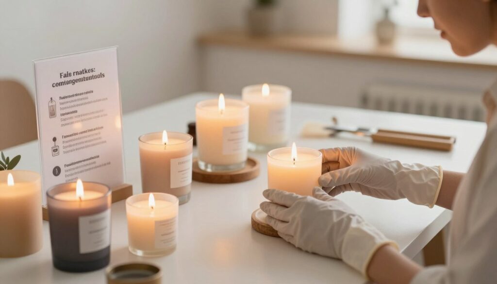 A serene workspace focused on candle safety, featuring a well-organized table with different colored candles representing various ritual meanings. In the foreground, a pair of hands wearing protective gloves expertly demonstrates proper candle handling. The middle ground includes a lit candle on a sturdy holder, surrounded by non-flammable surfaces, and a clear safety guide displaying common mistakes (such as leaving candles unattended and using flammable materials). The background is softly lit with warm tones, creating a cozy yet professional atmosphere, highlighting the importance of safety while working with candles. The image should capture a calm, focused mood, emphasizing careful practices in candle usage. The lighting is warm and inviting, mimicking natural light from a window, with a slight depth of field to keep the focus on the candle safety practices.