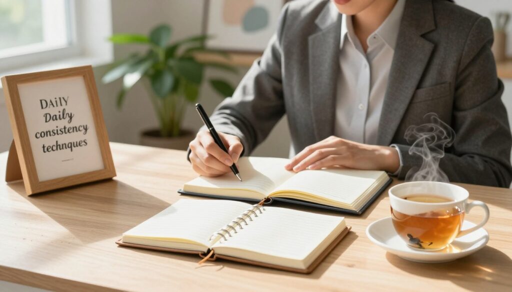 A serene workspace scene showcasing the theme of daily consistency techniques. In the foreground, a well-organized desk features a planner, a cup of steaming herbal tea, and a motivational quote framed elegantly. In the middle ground, a professional individual dressed in business casual attire is focused on writing in their planner, exuding calm determination. Soft natural light filters in through a nearby window, casting gentle shadows and creating a peaceful atmosphere. In the background, a lush indoor plant and calming artwork enhance the sense of tranquility. The overall mood is one of motivation and mindfulness, with an emphasis on routine and clarity in a harmonious environment.