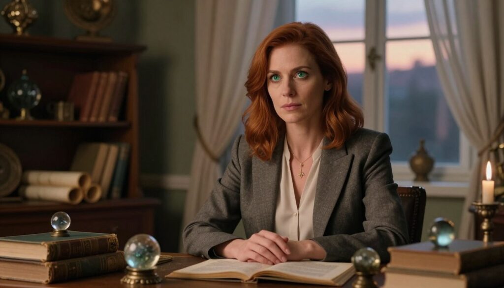 A sophisticated portrait of a woman named Anna Kempisty, mid-30s, with shoulder-length auburn hair and piercing green eyes. She is dressed in elegant yet professional clothing, a tailored blazer over a simple blouse, exuding an air of wisdom and mystery. In the foreground, Anna is seated at a wooden desk scattered with ancient books and crystal balls, symbolizing her role as a modern-day seer. The middle ground features shelves filled with intriguing artifacts and scrolls, hinting at her extensive knowledge of prophecies. In the softly lit background, a window reveals twilight skies, casting a warm glow through sheer curtains, enhancing the mystical atmosphere. The overall mood is contemplative and enchanting, inviting viewers to explore Anna's world of insights and predictions. A sophisticated portrait of a woman named Anna Kempisty, mid-30s, with shoulder-length auburn hair and piercing green eyes. She is dressed in elegant yet professional clothing, a tailored blazer over a simple blouse, exuding an air of wisdom and mystery. In the foreground, Anna is seated at a wooden desk scattered with ancient books and crystal balls, symbolizing her role as a modern-day seer. The middle ground features shelves filled with intriguing artifacts and scrolls, hinting at her extensive knowledge of prophecies. In the softly lit background, a window reveals twilight skies, casting a warm glow through sheer curtains, enhancing the mystical atmosphere. The overall mood is contemplative and enchanting, inviting viewers to explore Anna's world of insights and predictions.