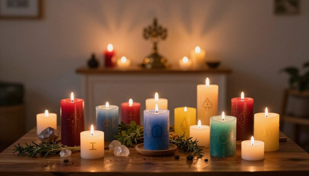 A stunning display of ritual candles in a softly lit, serene setting. In the foreground, a variety of candles in rich colors such as deep red, calming blue, vibrant yellow, and serene green, each adorned with subtle symbols representing different intentions. The candles are arranged artfully on a wooden table, surrounded by natural elements like fresh herbs and small crystals. In the middle ground, a softly glowing altar or shelf enhances the spirituality of the scene, while the background features a dimly lit room with shadows dancing on the walls, creating an intimate and contemplative atmosphere. Warm candlelight flickers gently, casting soothing reflections, inviting the viewer into a moment of quiet reflection and intention setting.