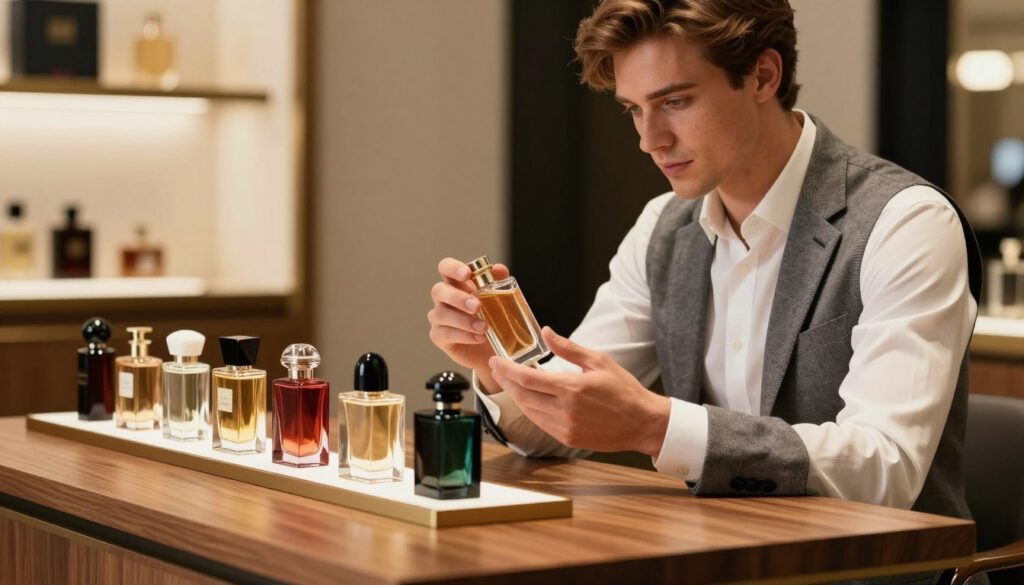 A stylish and sophisticated display of men's perfumes arranged on a sleek wooden table. In the foreground, elegant bottles featuring various shapes and colors, some with geometric designs and others with smooth curves, catching the light delicately. In the middle ground, a well-dressed young man in a crisp white shirt and tailored blazer thoughtfully examining a bottle, showcasing an air of confidence and curiosity. The background features soft, blurred lights that suggest a luxurious atmosphere, perhaps reminiscent of a high-end boutique. The overall mood is refined and inviting, with warm lighting that highlights the beauty of the fragrances. The composition should emphasize the careful selection process for choosing the perfect scent for a boyfriend or husband, inspiring the viewer with a sense of style and elegance. A stylish and sophisticated display of men's perfumes arranged on a sleek wooden table. In the foreground, elegant bottles featuring various shapes and colors, some with geometric designs and others with smooth curves, catching the light delicately. In the middle ground, a well-dressed young man in a crisp white shirt and tailored blazer thoughtfully examining a bottle, showcasing an air of confidence and curiosity. The background features soft, blurred lights that suggest a luxurious atmosphere, perhaps reminiscent of a high-end boutique. The overall mood is refined and inviting, with warm lighting that highlights the beauty of the fragrances. The composition should emphasize the careful selection process for choosing the perfect scent for a boyfriend or husband, inspiring the viewer with a sense of style and elegance.