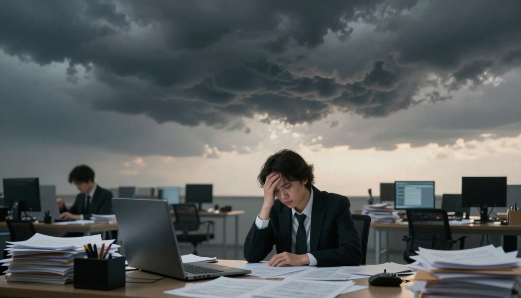 A surreal representation of anxiety about the future, featuring a person sitting at a desk covered in papers and technological devices, symbolizing overwhelming thoughts. In the foreground, the figure appears pensive, dressed in a professional business attire, with a furrowed brow, lost in contemplation. The middle ground shows a chaotic swirl of dark clouds and unsettling shadows, representing fears and negative scenarios. In the background, a distant horizon is bathed in soft, warm light, hinting at hope and potential change. The atmosphere is heavy yet ambiguous, creating a contrast between the weight of anxiety and the glimmer of future possibilities. Soft lighting enhances the emotional depth, with a wide-angle perspective to emphasize the expansiveness of thought and imagination. A surreal representation of anxiety about the future, featuring a person sitting at a desk covered in papers and technological devices, symbolizing overwhelming thoughts. In the foreground, the figure appears pensive, dressed in a professional business attire, with a furrowed brow, lost in contemplation. The middle ground shows a chaotic swirl of dark clouds and unsettling shadows, representing fears and negative scenarios. In the background, a distant horizon is bathed in soft, warm light, hinting at hope and potential change. The atmosphere is heavy yet ambiguous, creating a contrast between the weight of anxiety and the glimmer of future possibilities. Soft lighting enhances the emotional depth, with a wide-angle perspective to emphasize the expansiveness of thought and imagination.