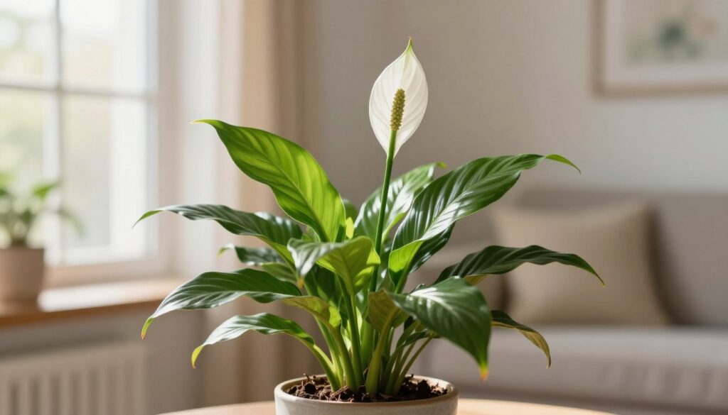 A vibrant and lush peace lily (Skrzydłokwiat) placed in a ceramic pot, symbolizing renewal and new beginnings after a breakup. In the foreground, the peace lily's large, glossy green leaves arch gracefully, while a single white bloom stands tall, representing hope. The middle ground features a softly blurred interior setting, with sunlight streaming through a nearby window, casting a warm, inviting glow on the plant. In the background, a hint of a cozy living room is visible, with muted pastel colors and minimalistic decor to emphasize tranquility and a fresh start. The atmosphere is serene and uplifting, evoking a sense of optimism and personal growth. The image should be captured with soft-focus lighting to enhance the peaceful ambiance.