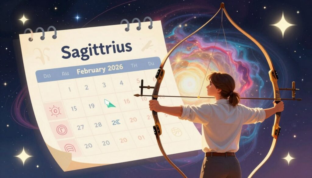 A vibrant astrological illustration focusing on the zodiac sign Sagittarius, set in a cosmic backdrop with swirling stars and celestial elements. In the foreground, a graceful archer symbolizes the Sagittarian spirit, dressed in modest, modern attire that reflects both professionalism and comfort. The middle ground features a stylized calendar page with symbolic icons representing energy, communication, and pace, embodying the themes of the weekly horoscope for February 2026. In the background, soft nebulae and colorful bursts of light create a mystical atmosphere that enhances the overall mood. The lighting is soft and ethereal, casting a warm glow, from a slightly elevated perspective to capture the entire scene, inviting viewers into the world of astrology.