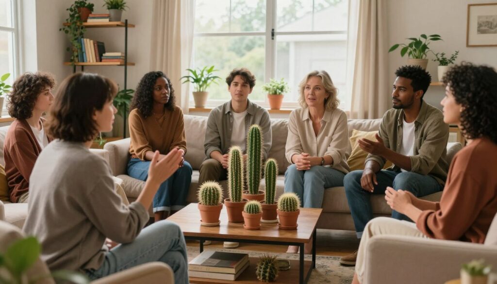 A warm and inviting living room scene featuring a diverse group of people discussing superstitions in a relaxed atmosphere. In the foreground, a middle-aged woman in modest casual clothing gestures thoughtfully, surrounded by friends of varying ages and backgrounds, all engaged in the conversation. In the middle, a beautifully arranged collection of cacti sits on a table, symbolizing the theme of the article. Natural light from a large window bathes the room, enhancing the earthy tones of the decor and creating a cozy, welcoming vibe. The background shows shelves with books and plants, emphasizing a homey environment where open dialogue can flourish, conveying a sense of harmony and understanding. A warm and inviting living room scene featuring a diverse group of people discussing superstitions in a relaxed atmosphere. In the foreground, a middle-aged woman in modest casual clothing gestures thoughtfully, surrounded by friends of varying ages and backgrounds, all engaged in the conversation. In the middle, a beautifully arranged collection of cacti sits on a table, symbolizing the theme of the article. Natural light from a large window bathes the room, enhancing the earthy tones of the decor and creating a cozy, welcoming vibe. The background shows shelves with books and plants, emphasizing a homey environment where open dialogue can flourish, conveying a sense of harmony and understanding.