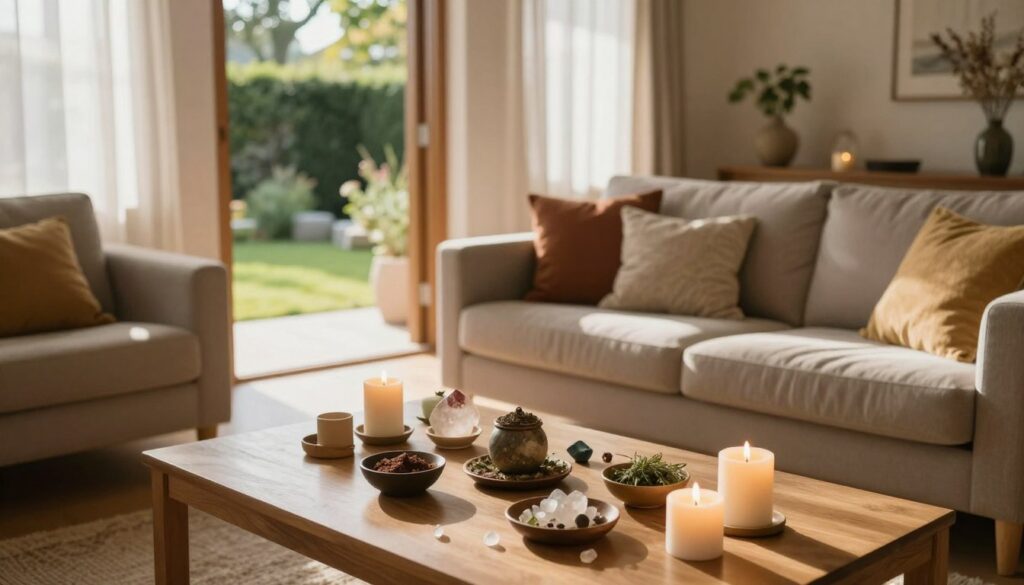 A warm, inviting interior of a home, set in a sunlit living room with soft, natural light filtering through sheer curtains. In the foreground, a neatly arranged table displays ritualistic objects: candles, crystals, and a small bowl of herbs, symbolizing a spiritual practice for good fortune. The middle layer features a comfortable sofa adorned with colorful cushions, emphasizing a cozy atmosphere. Through an open doorway in the background, a glimpse of a serene garden can be seen, enhancing the sense of tranquility. The scene should evoke feelings of peace and preparation, with gentle shadows adding depth. The composition should be captured with a slightly elevated angle, emphasizing the harmonious layout of the space while maintaining a focus on the ritual items, creating an inviting vibe for the viewer. A warm, inviting interior of a home, set in a sunlit living room with soft, natural light filtering through sheer curtains. In the foreground, a neatly arranged table displays ritualistic objects: candles, crystals, and a small bowl of herbs, symbolizing a spiritual practice for good fortune. The middle layer features a comfortable sofa adorned with colorful cushions, emphasizing a cozy atmosphere. Through an open doorway in the background, a glimpse of a serene garden can be seen, enhancing the sense of tranquility. The scene should evoke feelings of peace and preparation, with gentle shadows adding depth. The composition should be captured with a slightly elevated angle, emphasizing the harmonious layout of the space while maintaining a focus on the ritual items, creating an inviting vibe for the viewer.