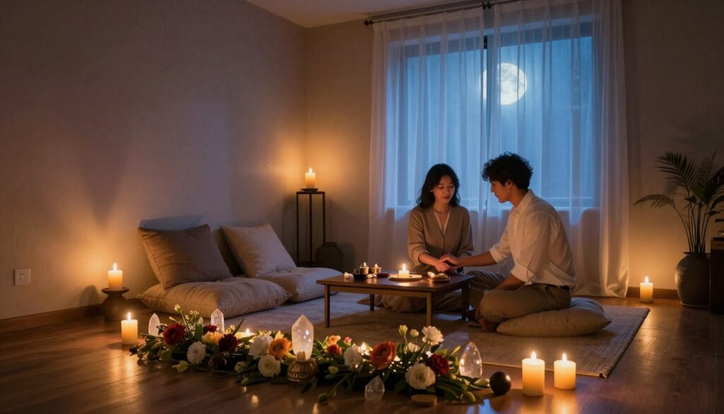 A warm, inviting room prepared for a love ritual, featuring soft, dimmed lighting and flickering candles casting gentle shadows on the walls. In the foreground, a beautifully arranged altar adorned with flowers, crystals, and symbolic artifacts, reflecting a sense of serenity. In the middle, a cozy seating area with plush cushions and a small coffee table, where a couple dressed in modest, professional attire prepares for the ritual. The background shows softly textured walls and a large window draped with sheer curtains, allowing moonlight to filter through, creating a mystical atmosphere. The scene embodies tranquility and intention, evoking a sense of sacredness and connection. The color palette includes deep blues, warm golds, and soft whites, enhancing the mood of spirituality and love.