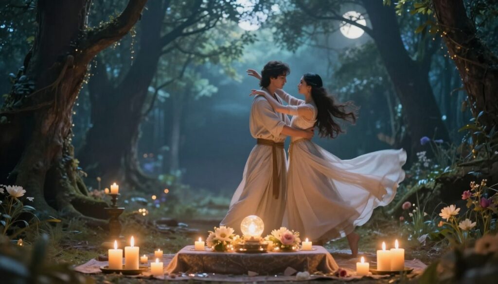 In a mystical setting, illustrate a scene of ancient love rituals. In the foreground, a decorated altar with candles and flowers, surrounded by softly glowing orbs of light, symbolizes love and intention. In the middle ground, a pair of ethereal figures dressed in flowing, modest robes, one male and one female, perform a sacred dance, their movements graceful and synchronized, exhibiting a palpable connection. The background features a tranquil forest bathed in gentle moonlight, creating a serene and enchanting atmosphere. The lighting should be soft and warm, with a focus on the altar and the dancing couple, evoking a sense of reverence and magic, hinting at the psychological power of intention in love rituals. Capture the scene with a cinematic angle, emphasizing depth and tranquility.