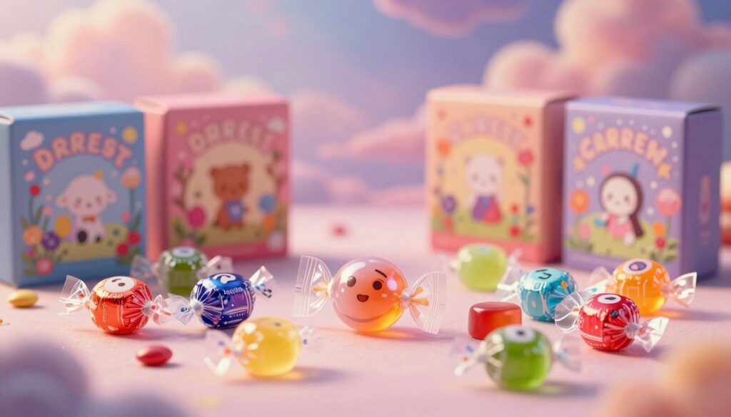 A beautifully arranged display of dream-themed candy packages, featuring intricate designs and vibrant colors. In the foreground, a translucent wrapper reveals a single, glossy candy nestled among a scattered array of differently shaped candies, each wrapped in colorful foils representing various emotions and desires. In the middle ground, softly blurred candy boxes with whimsical illustrations hint at the enchanting nature of dreams and hidden pleasures. The background features a dreamy, ethereal landscape with pastel hues and swirling clouds to evoke a sense of wonder and imagination. Soft, warm lighting casts gentle highlights, creating a comforting and inviting atmosphere. The angle is slightly elevated to offer a tantalizing glimpse of the candy treasure, enticing viewers to explore the connection between the packaging and the deeper meaning of dreams.