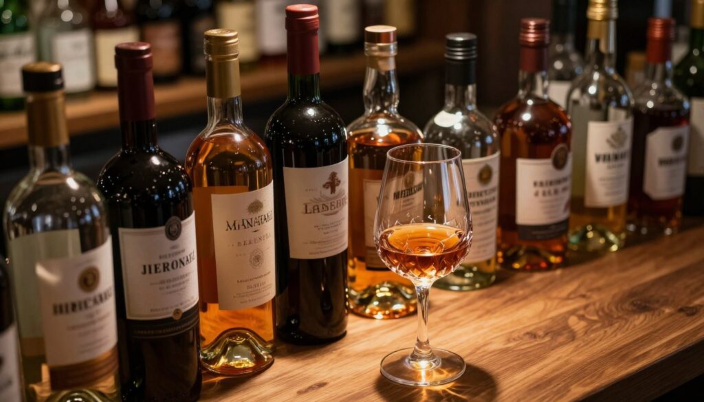 A beautifully arranged display of various alcohol bottles, each representing different emotions and subconscious messages. In the foreground, a crystal-clear wine glass filled with rich amber liquid, reflecting light and casting intricate shadows. The middle ground showcases a wooden table adorned with bottles of wine, whiskey, and clear spirits, each label elegantly designed to evoke a feeling—elegance, nostalgia, or warmth. In the background, softly blurred shelves lined with more bottles create a sense of depth and an intimate atmosphere. Gentle, warm lighting enhances the richness of the liquors, while a slight vignette draws the viewer’s focus inward, creating a contemplative mood about the hidden meanings behind each type of drink. The angle is slightly top-down, offering a unique perspective that invites exploration. A beautifully arranged display of various alcohol bottles, each representing different emotions and subconscious messages. In the foreground, a crystal-clear wine glass filled with rich amber liquid, reflecting light and casting intricate shadows. The middle ground showcases a wooden table adorned with bottles of wine, whiskey, and clear spirits, each label elegantly designed to evoke a feeling—elegance, nostalgia, or warmth. In the background, softly blurred shelves lined with more bottles create a sense of depth and an intimate atmosphere. Gentle, warm lighting enhances the richness of the liquors, while a slight vignette draws the viewer’s focus inward, creating a contemplative mood about the hidden meanings behind each type of drink. The angle is slightly top-down, offering a unique perspective that invites exploration.