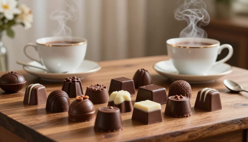 A beautifully arranged scene featuring an elegant chocolate display in a sophisticated setting. In the foreground, a variety of artisanal chocolates are artfully positioned on a polished wooden table, each piece reflecting rich, decadent hues of dark, milk, and white chocolate. In the middle ground, a tasteful tea service complements the chocolates, with steaming cups of rich hot cocoa, creating a cozy atmosphere. The background features a softly lit room adorned with delicate curtains and subtle floral decor, enhancing the feeling of warmth and indulgence. The lighting is warm and inviting, casting soft shadows to evoke a sense of intimacy and pleasure. The overall mood is one of sweet temptation and joyful discovery, inviting viewers to explore the delights of chocolate.