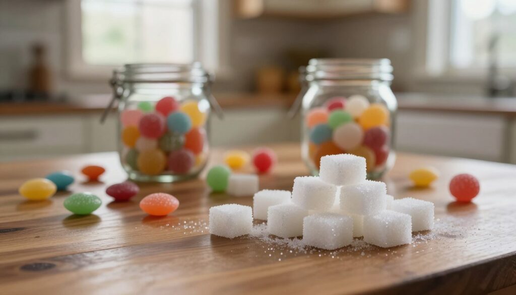 A beautifully arranged still life featuring sugar as a vibrant symbol of sweetness and temptation. In the foreground, delicate crystal sugar cubes glisten under soft, warm lighting, with a few pieces scattered artfully across a polished wooden table. The middle layer displays small, colorful candies and a classic glass jar filled with assorted sweets, creating an inviting and indulgent atmosphere. The background features a blurred, dreamlike kitchen scene with natural light streaming in through a window, reflecting the deeper psychological significance of craving sweetness. The overall mood is warm, inviting, and slightly nostalgic, evoking desires and pleasures associated with sweetness. The composition should be shot with a shallow depth of field to emphasize the foreground details while creating a soft bokeh effect in the background. A beautifully arranged still life featuring sugar as a vibrant symbol of sweetness and temptation. In the foreground, delicate crystal sugar cubes glisten under soft, warm lighting, with a few pieces scattered artfully across a polished wooden table. The middle layer displays small, colorful candies and a classic glass jar filled with assorted sweets, creating an inviting and indulgent atmosphere. The background features a blurred, dreamlike kitchen scene with natural light streaming in through a window, reflecting the deeper psychological significance of craving sweetness. The overall mood is warm, inviting, and slightly nostalgic, evoking desires and pleasures associated with sweetness. The composition should be shot with a shallow depth of field to emphasize the foreground details while creating a soft bokeh effect in the background.