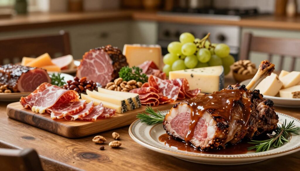 A beautifully arranged table featuring a variety of meat dishes, showcasing vibrant colors and textures. In the foreground, a succulent prime rib roast, glazed with a rich brown sauce, sits on a decorative platter, surrounded by fresh herbs. In the middle, an elegant charcuterie board displays an assortment of cured meats and cheeses, complemented by grapes and nuts. The background is softly blurred, revealing a rustic kitchen atmosphere with warm, ambient lighting that highlights the richness of the food. The scene conveys a sense of abundance and primal satisfaction, evoking the instinctual pleasures of consuming meat. The angle is slightly above the table, giving a comprehensive view that invites the viewer to appreciate the feast.