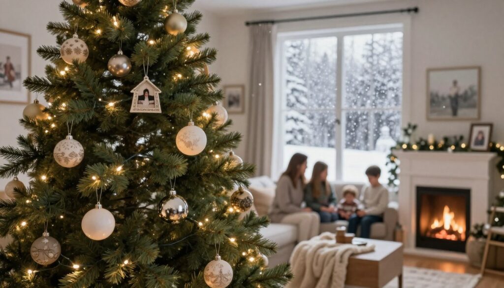A beautifully decorated Christmas tree stands prominently in the foreground, with twinkling fairy lights casting a warm glow. Delicate ornaments, including handmade decorations and family heirlooms, reflect the soft light, adding an air of nostalgia. In the middle ground, a cozy living room is subtly visible, featuring a warm fireplace, soft blankets, and family photos that evoke a sense of unity and hope. In the background, a snowy landscape can be seen through a large window, with gently falling snowflakes creating a serene and peaceful atmosphere. The lighting is soft and inviting, enhancing the emotions of comfort and joy. The overall mood is one of warmth, family togetherness, and the magic of holiday dreams. A beautifully decorated Christmas tree stands prominently in the foreground, with twinkling fairy lights casting a warm glow. Delicate ornaments, including handmade decorations and family heirlooms, reflect the soft light, adding an air of nostalgia. In the middle ground, a cozy living room is subtly visible, featuring a warm fireplace, soft blankets, and family photos that evoke a sense of unity and hope. In the background, a snowy landscape can be seen through a large window, with gently falling snowflakes creating a serene and peaceful atmosphere. The lighting is soft and inviting, enhancing the emotions of comfort and joy. The overall mood is one of warmth, family togetherness, and the magic of holiday dreams.