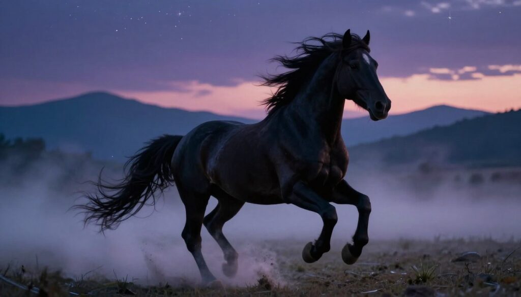 A breathtaking scene of a powerful black horse galloping through a dreamlike landscape at twilight. In the foreground, the horse's muscular form is captured mid-stride, mane flowing dynamically in the wind. The middle ground reveals a softly glowing, ethereal mist that swirls around the horse's legs, creating an otherworldly vibe. The background features distant mountains silhouetted against a deepening indigo sky dotted with shimmering stars. The lighting is soft yet dramatic, with moonlight casting gentle shadows, highlighting the horse's powerful physique. The atmosphere is both mysterious and exhilarating, evoking a feeling of untamed energy and the unknown, perfectly encapsulating dreams and their transformative nature.