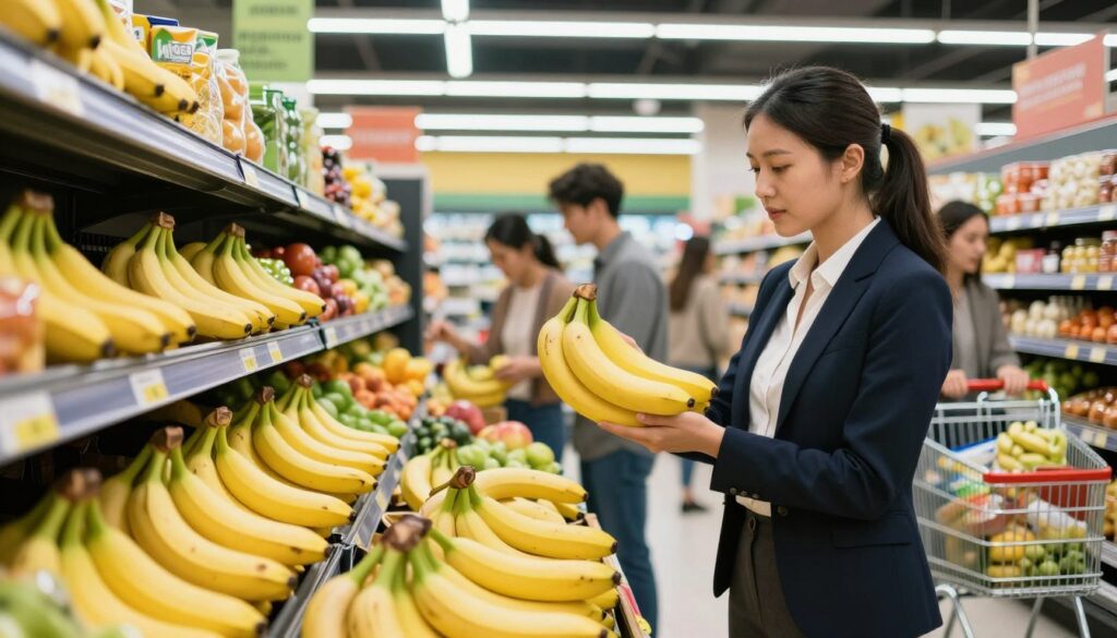 A bright grocery store scene depicting a diverse group of people shopping for bananas. In the foreground, a woman in professional business attire examines a bunch of ripe bananas, showcasing her decision-making process. In the middle, neatly arranged shelves filled with various fruits, emphasizing the vibrant colors of yellow bananas among other fresh produce. The background features a well-lit store with bright fluorescent lights illuminating the aisles, creating a warm, inviting atmosphere. A shopping cart filled with groceries is visible nearby, adding to the sense of activity. The angle is slightly elevated, capturing the totality of the scene and the interaction between shoppers. The mood is one of abundance and choice, symbolizing the joy of purchasing healthy food.