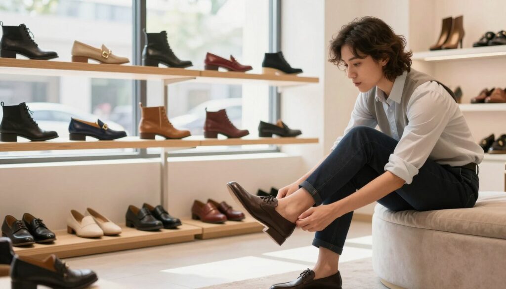 A bright, inviting shoe store interior showcasing a person trying on a stylish pair of shoes. In the foreground, the individual, dressed in smart casual attire, sits on a cushioned bench, inspecting a sleek, modern shoe with a sense of contemplation and excitement. The middle ground displays a variety of shoe styles organized neatly on wooden shelves, highlighting their vibrant colors and designs, symbolizing fresh opportunities. In the background, large windows allow warm, natural light to flood the space, creating a welcoming atmosphere. The overall mood is one of anticipation and hope, reflecting the beginning of a new journey through the compelling act of trying on new footwear.
