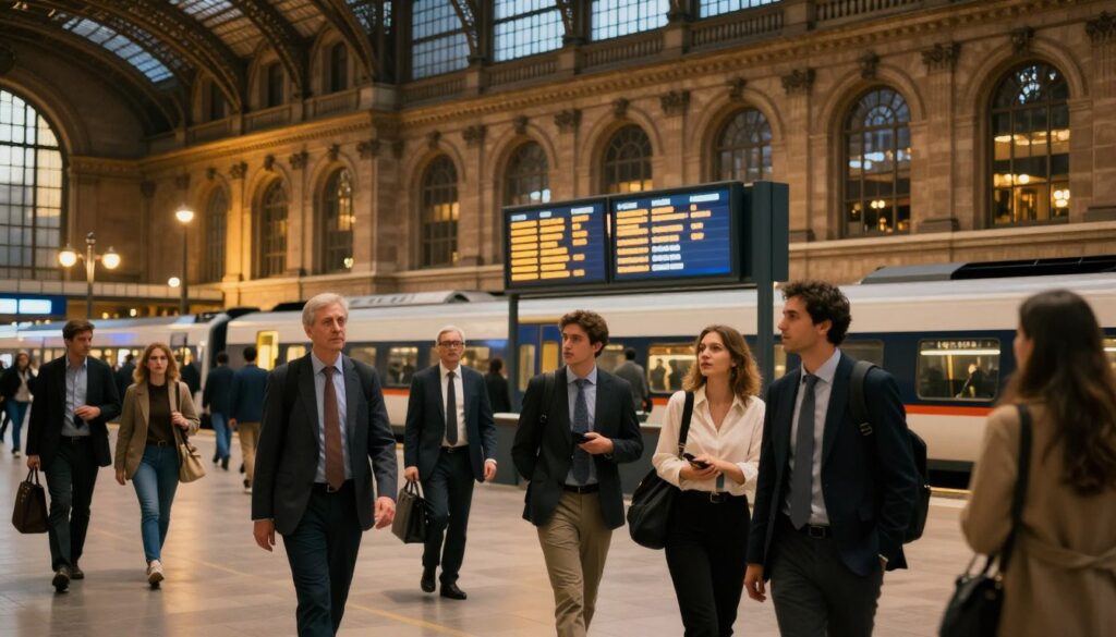 A bustling train station at twilight, illuminated by warm, golden lights creating a welcoming atmosphere. In the foreground, a diverse group of travelers in professional business attire and casual clothing eagerly awaits their trains, showcasing a mix of emotions from anticipation to deep contemplation. The middle ground features a large digital departure board displaying train schedules and destinations, hinting at changes and decisions. The background showcases a grand, old-fashioned architecture with tall arched windows and intricate details, blending with modern design elements. Soft shadows create depth, while a hint of motion blurs the figures moving about. The overall mood is one of reflection and transition, symbolizing the journey of life and choices we make.