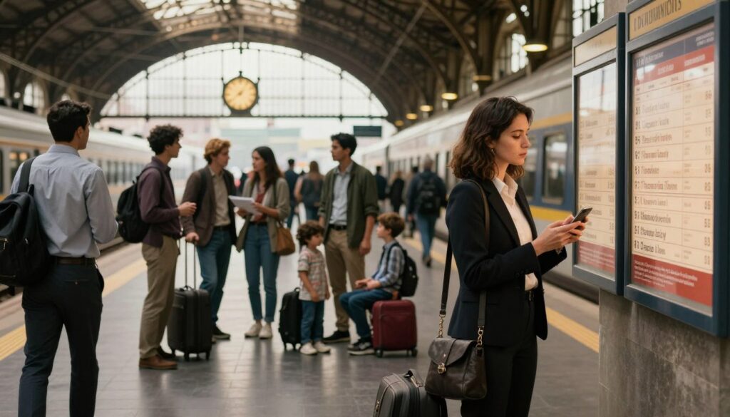 A bustling train station teeming with life, featuring a diverse group of people standing and sitting, dressed in professional business attire and modest casual clothing. In the foreground, a woman gazes intently at a train schedule, embodying the theme of decisions and direction changes. The middle ground showcases travelers engaging in animated conversations and a family with luggage, hinting at inner conflicts and challenges. The background reveals an old-fashioned clock hanging above the busy platform, casting soft, warm light throughout the scene, creating a sense of nostalgia and urgency. The atmosphere is dynamic yet contemplative, reflecting the underlying themes of dreams and expectations at a crossroads. The image is captured from a low angle to emphasize the vastness of the station and heighten the tension in the moment.