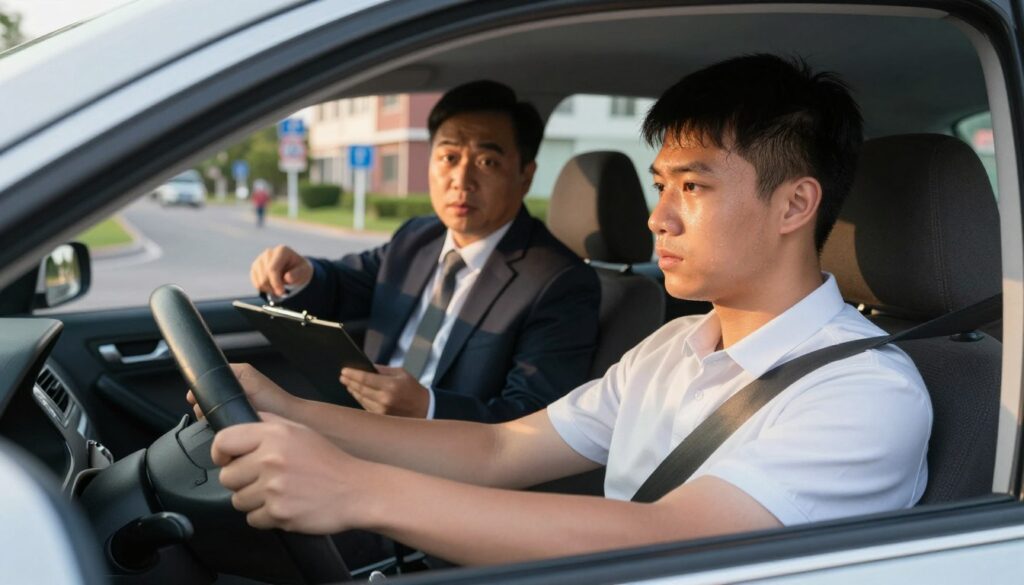 A busy urban driving test scene, showcasing a young driver in professional attire, nervously gripping the steering wheel of a car during the exam. In the foreground, emphasize the driver’s focused expression, with sweat beads forming on their forehead. The middle ground features a driving instructor, a middle-aged man in a smart outfit, giving instructions with a clipboard in hand. In the background, a city street lined with school buildings and traffic signs, bathed in natural sunlight during late afternoon, casting soft shadows. The composition captures the tension and pressure of the driving test, evoking a sense of anxiety and anticipation, underlined by the contrasting calmness of the surrounding environment. Use a sharp focus on the subjects, with a slight blur on the background to enhance depth. A busy urban driving test scene, showcasing a young driver in professional attire, nervously gripping the steering wheel of a car during the exam. In the foreground, emphasize the driver’s focused expression, with sweat beads forming on their forehead. The middle ground features a driving instructor, a middle-aged man in a smart outfit, giving instructions with a clipboard in hand. In the background, a city street lined with school buildings and traffic signs, bathed in natural sunlight during late afternoon, casting soft shadows. The composition captures the tension and pressure of the driving test, evoking a sense of anxiety and anticipation, underlined by the contrasting calmness of the surrounding environment. Use a sharp focus on the subjects, with a slight blur on the background to enhance depth.