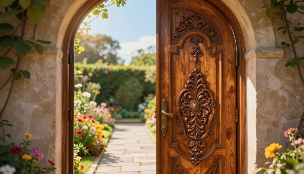 A captivating and detailed depiction of an ornate front door, representative of boundaries and transitions. The door, made of rich mahogany with intricate carvings, stands majestically in the foreground, slightly ajar to hint at the mysteries beyond. Sunlight pours from an overhanging archway, casting warm golden light that highlights the wood grain and intricacies of the carvings. In the middle, a well-maintained stone pathway leads up to the door, flanked by vibrant flower beds in full bloom, enhancing the inviting atmosphere. In the background, a softly blurred garden creates an enchanting ambiance, filled with lush greenery and a clear blue sky. The overall mood is one of hope and possibility, evoking feelings of exploration and new beginnings. Use a soft focus lens to create a dreamy effect.