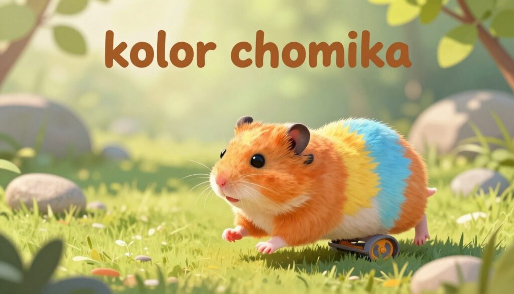 A captivating illustration of a "kolor chomika" (colorful hamster) situated in a cozy, serene environment. In the foreground, a lively hamster with vibrant, multi-colored fur—mixes of orange, yellow, and light blue—playfully runs on a wheel. The middle ground features natural elements like soft grass and a few scattered pebbles, evoking a sense of calmness and abundance. In the background, a gentle light filters through green leaves, creating a dappled sunlight effect that enhances the cheerful atmosphere. The focus is on the hamster, with a shallow depth of field that softly blurs the background. The overall mood is tranquil and inviting, emphasizing the symbolism of safety and care associated with the colors. The scene is bright, well-lit, and captures the essence of dreaming and reflection.