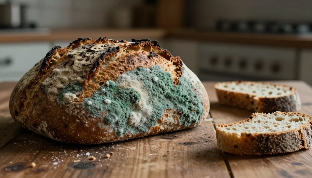 A close-up image of a loaf of bread in a state of decay, featuring areas of mold and disintegration, creating a stark contrast to the rustic wooden table it rests upon. In the foreground, detail the textured, uneven crust, showcasing vibrant greens and browns of the mold. In the middle ground, add fragments of the bread scattered around, hinting at neglect and waste. The background should softly blur, perhaps featuring a faint outline of a dimly lit kitchen environment with muted, warm lighting to evoke a sense of eeriness and loss. Capture a melancholic atmosphere, emphasizing the symbolism of abundance turned to rot, highlighting themes of warning and caution.