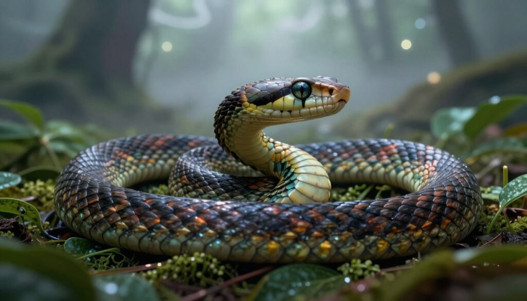 A close-up of a colorful, serpentine snake coiled gracefully among lush, green leaves, its scales shimmering under dappled sunlight. The snake's expressive eyes reflect curiosity and cunning, symbolizing hidden intentions and transformative energy. In the background, a misty dreamscape fades into surreal shapes and ethereal lights, evoking a sense of mystery and introspection. The foreground captures intricate details of the snake's texture and coloration, emphasizing its role as a powerful dream symbol. The lighting is soft yet striking, highlighting the snake against a blurred, fantastical background that suggests the depths of the subconscious mind. The overall mood is contemplative and intriguing, inviting the viewer to explore the layers of meaning behind the snake's behavior in dreams. A close-up of a colorful, serpentine snake coiled gracefully among lush, green leaves, its scales shimmering under dappled sunlight. The snake's expressive eyes reflect curiosity and cunning, symbolizing hidden intentions and transformative energy. In the background, a misty dreamscape fades into surreal shapes and ethereal lights, evoking a sense of mystery and introspection. The foreground captures intricate details of the snake's texture and coloration, emphasizing its role as a powerful dream symbol. The lighting is soft yet striking, highlighting the snake against a blurred, fantastical background that suggests the depths of the subconscious mind. The overall mood is contemplative and intriguing, inviting the viewer to explore the layers of meaning behind the snake's behavior in dreams.
