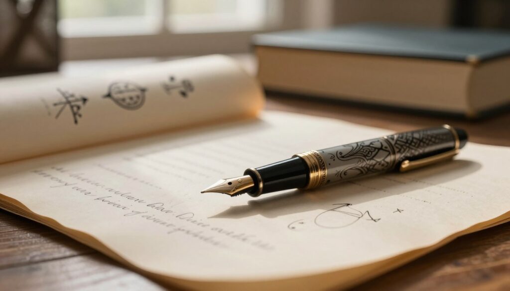 A close-up of a finely crafted fountain pen, elegant and ornate, resting on an aged parchment scroll with smooth curves and intricate ink patterns. In the foreground, the pen's glistening nib catches the soft, warm light, hinting at its recent use, while the parchment bears distinct, handwritten notes symbolizing plans and decisions. The middle ground features a softly blurred stack of books related to dreams and symbols, adding depth. In the background, a serene workspace is illuminated by gentle natural light streaming through a nearby window, creating a tranquil atmosphere. The mood is reflective and insightful, ideal for contemplating the significance of dreams and the decisions they represent. The image should be visually rich, focusing on the interplay of light and shadow without any text or distractions.