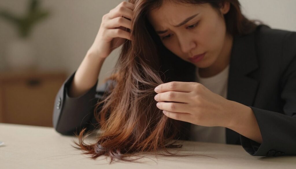 A close-up of a person gently running their fingers through their hair, revealing strands of hair falling to the ground, symbolizing hair loss. The foreground features the vibrant, flowing hair in rich tones, while scattered strands lie on a soft, neutral surface beneath. The subject should wear a smart, professional outfit, with an expression of concern or contemplation on their face. In the background, soft, blurred elements suggest a cozy, dimly lit room to evoke an atmosphere of introspection. Use warm lighting to create a gentle, somber mood, emphasizing the fragility of the moment. A shallow depth of field should bring the focus to the hair and the person's expression, enhancing the theme of loss of control. A close-up of a person gently running their fingers through their hair, revealing strands of hair falling to the ground, symbolizing hair loss. The foreground features the vibrant, flowing hair in rich tones, while scattered strands lie on a soft, neutral surface beneath. The subject should wear a smart, professional outfit, with an expression of concern or contemplation on their face. In the background, soft, blurred elements suggest a cozy, dimly lit room to evoke an atmosphere of introspection. Use warm lighting to create a gentle, somber mood, emphasizing the fragility of the moment. A shallow depth of field should bring the focus to the hair and the person's expression, enhancing the theme of loss of control.