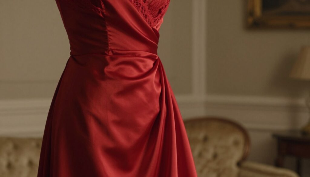 A close-up of a red dress draped elegantly on a vintage mannequin in a softly lit room, symbolizing passion and strong emotions. The satin fabric glistens in the warm, diffused light, highlighting its flowing lines and delicate lace trim. In the background, hints of a well-decorated room with plush, neutral-colored walls and soft textiles create an intimate atmosphere. The focus should be on the textures of the dress, with a shallow depth of field to softly blur the background. The overall mood is one of elegance and introspection, evoking feelings of courage and deep emotions connected to the color red, perfect for understanding the significance of a dress as a symbol within this context.