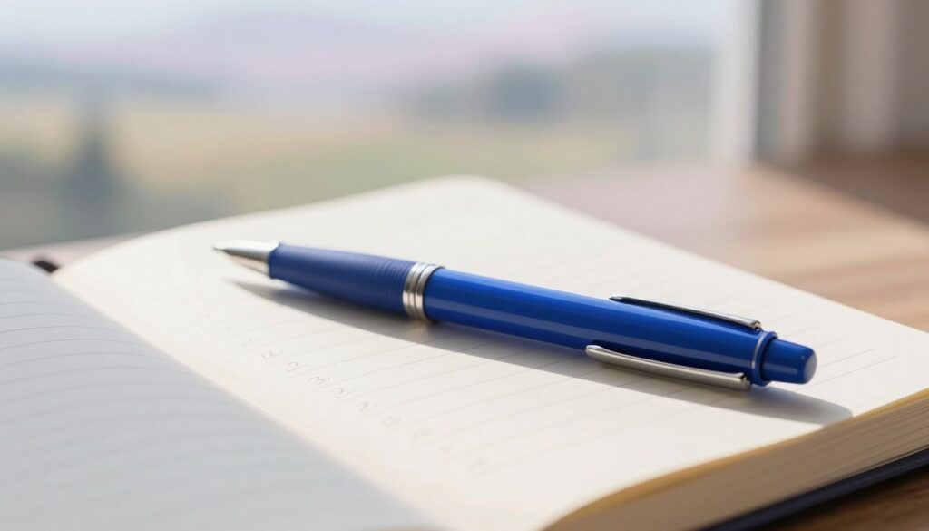 A close-up of a sleek, elegant blue ink pen resting on an open journal page, which features faint, handwritten notes symbolizing plans and decisions. The background softly blurs to reveal a tranquil dreamlike landscape with subtle pastel colors, suggesting a serene, thoughtful atmosphere. Morning light streams in from an unseen window, casting gentle shadows that enhance the pen's polished surface. The focus remains on the pen in the foreground, while the dreamy background adds a layer of depth and reflection. Capture the mood of contemplation and creativity, highlighting the importance of the pen as a symbol of choices and written aspirations. No text or other elements should distract from the central theme of the pen in this peaceful dream setting.