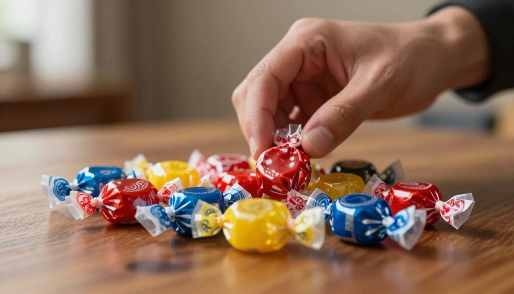 A close-up of colorful wrapped candies placed elegantly on a polished wooden table. In the foreground, a variety of candies create a vibrant array of colors: shiny reds, bright yellows, and deep blues reflecting soft lights. In the middle ground, a slightly blurred hand delicately reaches for a piece of candy, symbolizing temptation and desire. The background features a warm, softly lit room with muted tones, creating an inviting atmosphere. The lighting is soft and warm, enhancing the glossy textures of the candies. The overall mood conveys a sense of hidden pleasures and the anticipation of rewards, capturing the essence of sweet temptations enveloped in shiny wrappers.