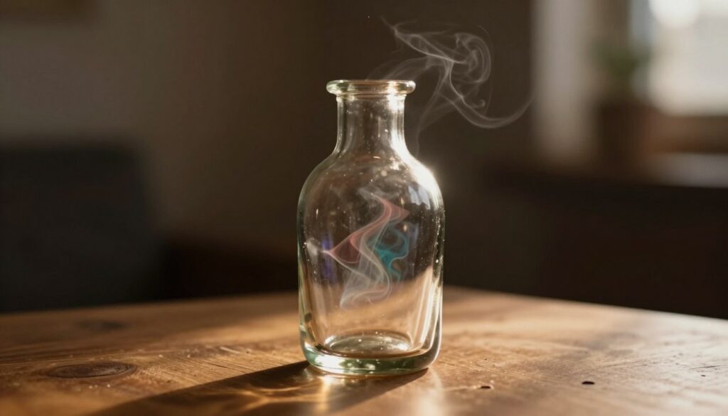 A close-up view of a beautifully crafted glass bottle, intricately shaped to symbolize the concept of closed potential. The bottle is placed on a softly illuminated wooden table, reflecting warm, golden light that highlights its delicate curves. Inside the bottle, faint wisps of colorful mist swirl subtly, representing the hidden emotions and untapped potential. In the background, a blurred silhouette of a dimly lit, cozy room enhances an atmosphere of introspection and mystery. The lighting is soft and warm, creating a contemplative mood, while a shallow depth of field focuses attention on the bottle, emphasizing its significance as a vessel of untold stories and repressed feelings. The scene is devoid of any text or markings, inviting viewers to reflect on the deeper meanings it represents. A close-up view of a beautifully crafted glass bottle, intricately shaped to symbolize the concept of closed potential. The bottle is placed on a softly illuminated wooden table, reflecting warm, golden light that highlights its delicate curves. Inside the bottle, faint wisps of colorful mist swirl subtly, representing the hidden emotions and untapped potential. In the background, a blurred silhouette of a dimly lit, cozy room enhances an atmosphere of introspection and mystery. The lighting is soft and warm, creating a contemplative mood, while a shallow depth of field focuses attention on the bottle, emphasizing its significance as a vessel of untold stories and repressed feelings. The scene is devoid of any text or markings, inviting viewers to reflect on the deeper meanings it represents.