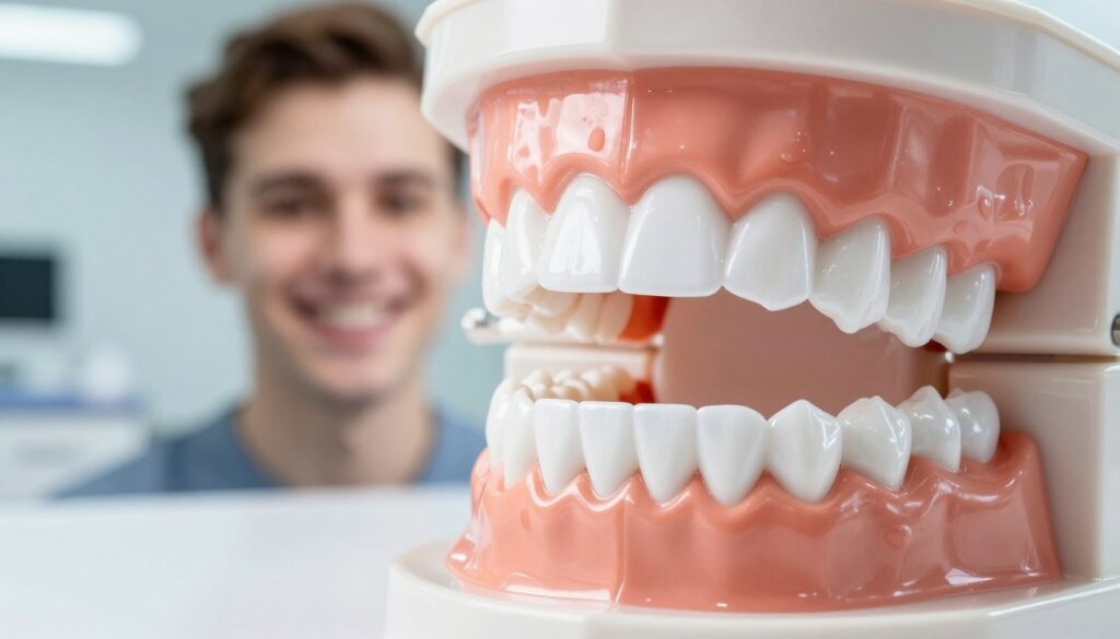 A close-up view of a dental model showcasing a set of shiny, perfectly aligned white teeth, indicating the results of wearing braces. In the foreground, the model is placed on a sleek, reflective surface that highlights its details. In the middle ground, a faint impression of a young adult smiling confidently, their face partially visible, suggesting the impact of orthodontic treatment on self-esteem and appearance. The background features a softly blurred dental clinic, with clean lines and calming colors, conveying a professional and welcoming atmosphere. The scene is illuminated by soft, natural light that enhances the gleam of the teeth, creating a hopeful and aspirational mood. Capture this image from a slightly elevated angle to emphasize the subject's importance. A close-up view of a dental model showcasing a set of shiny, perfectly aligned white teeth, indicating the results of wearing braces. In the foreground, the model is placed on a sleek, reflective surface that highlights its details. In the middle ground, a faint impression of a young adult smiling confidently, their face partially visible, suggesting the impact of orthodontic treatment on self-esteem and appearance. The background features a softly blurred dental clinic, with clean lines and calming colors, conveying a professional and welcoming atmosphere. The scene is illuminated by soft, natural light that enhances the gleam of the teeth, creating a hopeful and aspirational mood. Capture this image from a slightly elevated angle to emphasize the subject's importance.