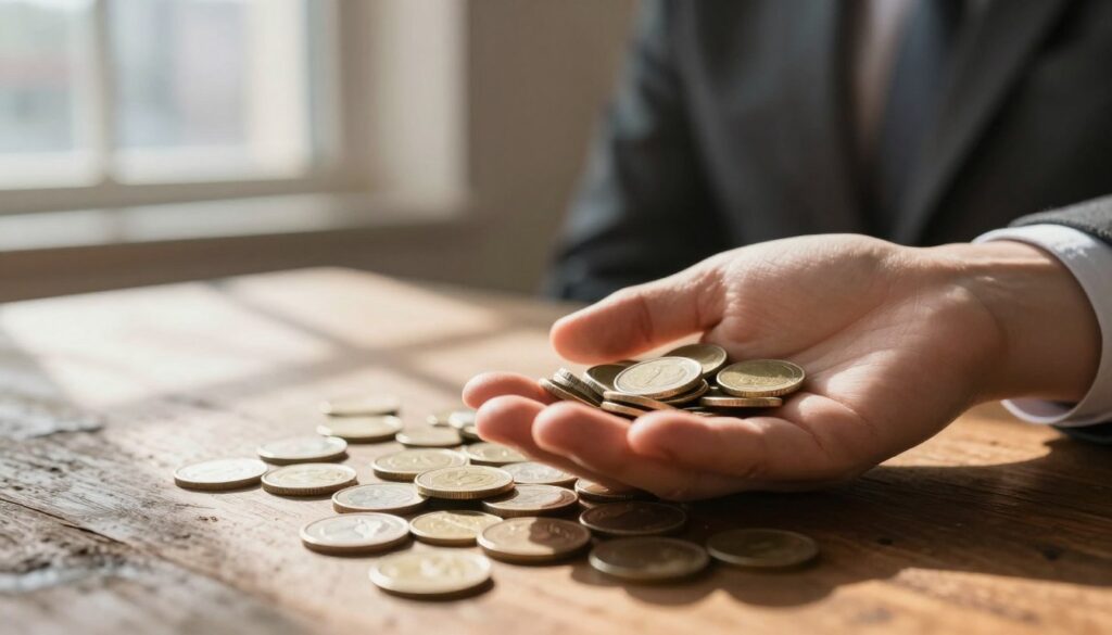 A close-up view of a hand discovering a handful of coins scattered on a rustic wooden table, with sunlight streaming through a nearby window, creating warm highlights. In the middle ground, the coins gleam, reflecting their value, while in the background, soft-focused images of a busy city life are visible, hinting at new opportunities and possibilities. The atmosphere evokes a sense of excitement and hope, with a slight blur around the edges to enhance the feeling of focus on the coins. The lighting is warm and inviting, suggesting a moment of serendipity. The hand is depicted wearing a simple, professional attire, embodying an everyday person's perspective.