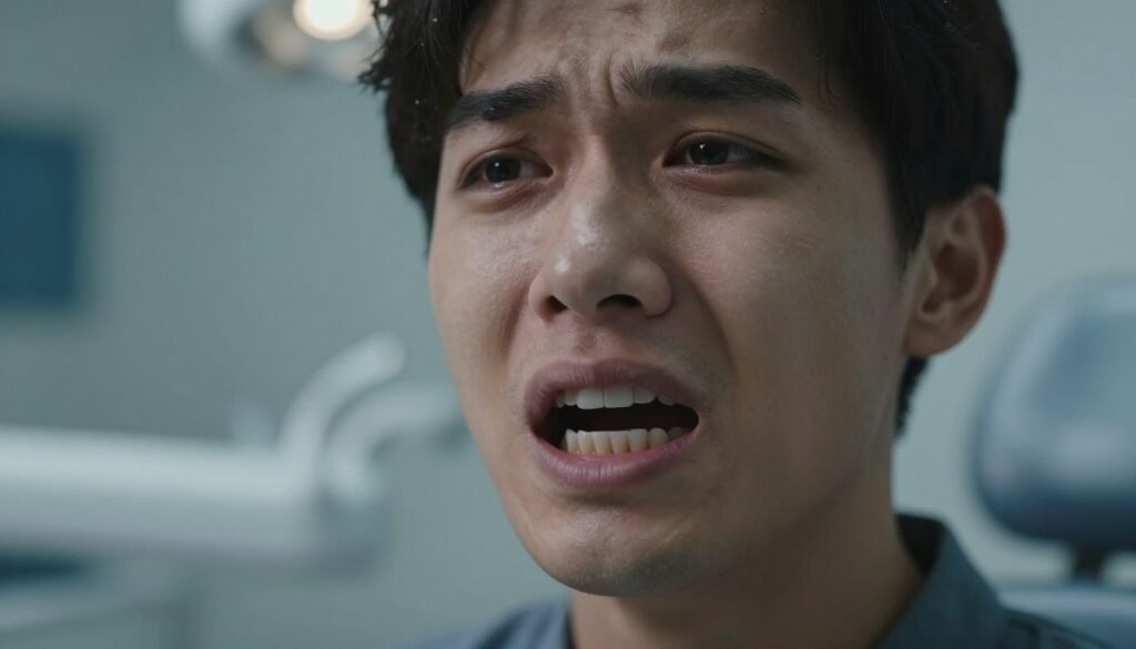 A close-up view of an anxious individual, mid-expression, revealing their mouth open in a moment of distress, emphasizing the absence of teeth. The foreground features their face with distressed eyes reflecting a mix of vulnerability and fear, conveying emotions of loss and concern. In the middle ground, blurred shadows of dental tools evoke a sense of danger and unease, contributing to the narrative of anxiety linked to losing one’s teeth. The background includes a softly blurred dental clinic setting with cool, sterile lighting, enhancing the feeling of discomfort and fragility. The atmosphere is somber and introspective, capturing the deep emotional resonance associated with the fear of dental loss, with a focus on light and shadows that accentuate the subject’s expression. A close-up view of an anxious individual, mid-expression, revealing their mouth open in a moment of distress, emphasizing the absence of teeth. The foreground features their face with distressed eyes reflecting a mix of vulnerability and fear, conveying emotions of loss and concern. In the middle ground, blurred shadows of dental tools evoke a sense of danger and unease, contributing to the narrative of anxiety linked to losing one’s teeth. The background includes a softly blurred dental clinic setting with cool, sterile lighting, enhancing the feeling of discomfort and fragility. The atmosphere is somber and introspective, capturing the deep emotional resonance associated with the fear of dental loss, with a focus on light and shadows that accentuate the subject’s expression.