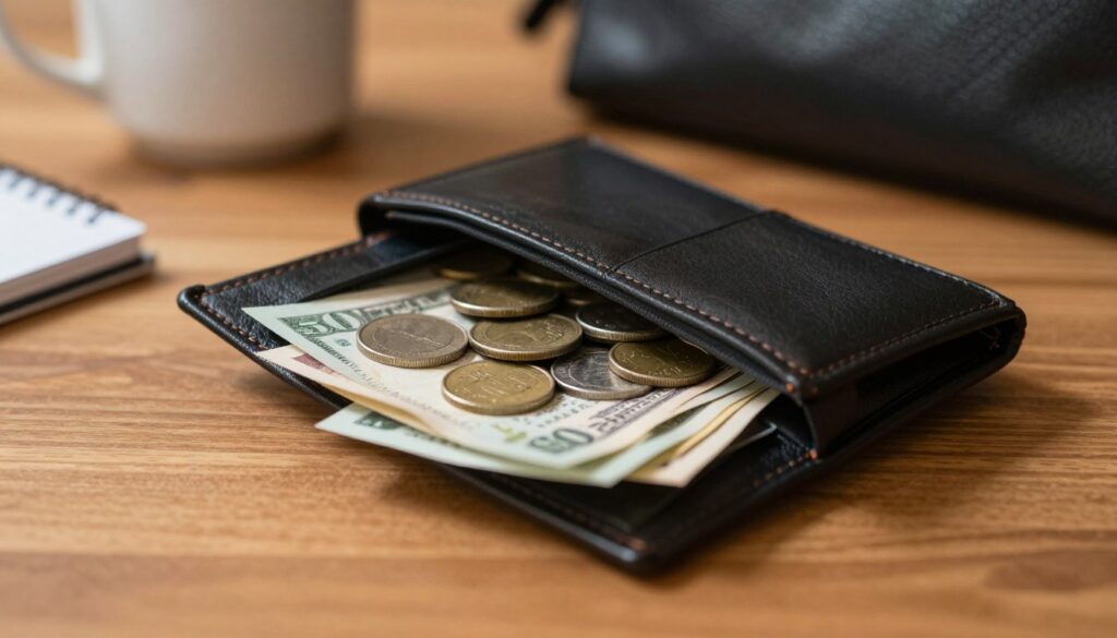 A close-up view of an open wallet filled with a variety of small denominations of currency, including coins and notes, resting on a smooth wooden table. In the background, subtly blurred, there are hints of everyday items such as a stylish handbag and a small notepad, evoking a sense of daily life and financial management. The lighting is warm and inviting, casting soft shadows to enhance the textures of the wallet and money. The lens is slightly angled to introduce depth, capturing the essence of the wallet as a reflection of personal values and small, yet significant, gains. The overall atmosphere is thoughtful and introspective, suggesting the importance of appreciating the little things in life.