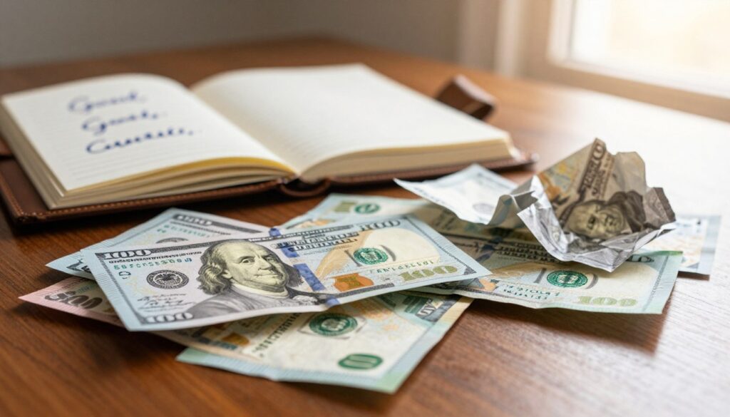 A close-up view of crumpled paper banknotes scattered across a polished wooden desk, symbolizing ambition and financial aspiration. In the foreground, focus on a stack of vibrant, worn banknotes, with intricate details of their designs clearly visible. The middle ground features an open leather-bound notebook with handwritten notes about goals and dreams, reflecting deep thoughts on ambition. In the background, softly blurred, a warm light spills in from a window, creating a hopeful and inspiring atmosphere. The overall mood is one of determination and potential, inviting viewers to contemplate the relationship between money and ambition. Use a macro lens effect to capture the textures of the banknotes and the richness of the wood grain. Make sure the lighting highlights the banknotes' various colors and details without harsh shadows. A close-up view of crumpled paper banknotes scattered across a polished wooden desk, symbolizing ambition and financial aspiration. In the foreground, focus on a stack of vibrant, worn banknotes, with intricate details of their designs clearly visible. The middle ground features an open leather-bound notebook with handwritten notes about goals and dreams, reflecting deep thoughts on ambition. In the background, softly blurred, a warm light spills in from a window, creating a hopeful and inspiring atmosphere. The overall mood is one of determination and potential, inviting viewers to contemplate the relationship between money and ambition. Use a macro lens effect to capture the textures of the banknotes and the richness of the wood grain. Make sure the lighting highlights the banknotes' various colors and details without harsh shadows.