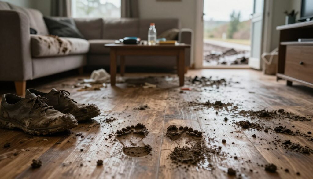 A close-up view of muddy footprints leading through a cluttered living room, with brown, wet mud visibly smeared across the wooden floor and furniture. In the foreground, a pair of worn shoes sits to the side, partially covered in mud. The middle ground features a couch with a throw blanket displaying stains of dirt, while a small coffee table has a few belongings scattered about. In the background, a window allows soft, diffused daylight to enter, casting gentle shadows that add depth to the scene. Outside, a muddy road stretches into the distance, hinting at obstacles and emotional burdens. The overall mood conveys a sense of chaos and discomfort, highlighting the struggle with cleanliness and the weight of emotional challenges. The image captures a realistic, naturalistic style, evoking contemplative introspection. A close-up view of muddy footprints leading through a cluttered living room, with brown, wet mud visibly smeared across the wooden floor and furniture. In the foreground, a pair of worn shoes sits to the side, partially covered in mud. The middle ground features a couch with a throw blanket displaying stains of dirt, while a small coffee table has a few belongings scattered about. In the background, a window allows soft, diffused daylight to enter, casting gentle shadows that add depth to the scene. Outside, a muddy road stretches into the distance, hinting at obstacles and emotional burdens. The overall mood conveys a sense of chaos and discomfort, highlighting the struggle with cleanliness and the weight of emotional challenges. The image captures a realistic, naturalistic style, evoking contemplative introspection.