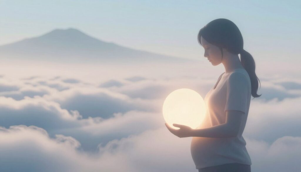 A conceptual image depicting a fragile pregnancy metaphorically representing fears and anxieties. In the foreground, an abstract human silhouette, cradling a glowing orb, symbolizing vulnerability and new beginnings, wears modest casual clothing. The middle ground features flowing, soft textures resembling clouds and waves, illustrating emotional turbulence and uncertainty. The background consists of misty shadows and faint silhouettes of distant mountains, suggesting a journey fraught with challenges. Use soft, diffused lighting to create a serene yet contemplative atmosphere, with a warm color palette of pale blues and gentle pastels. Capture this scene from a slightly elevated angle, inviting viewers to reflect on the deeper meanings of fear and transformation.